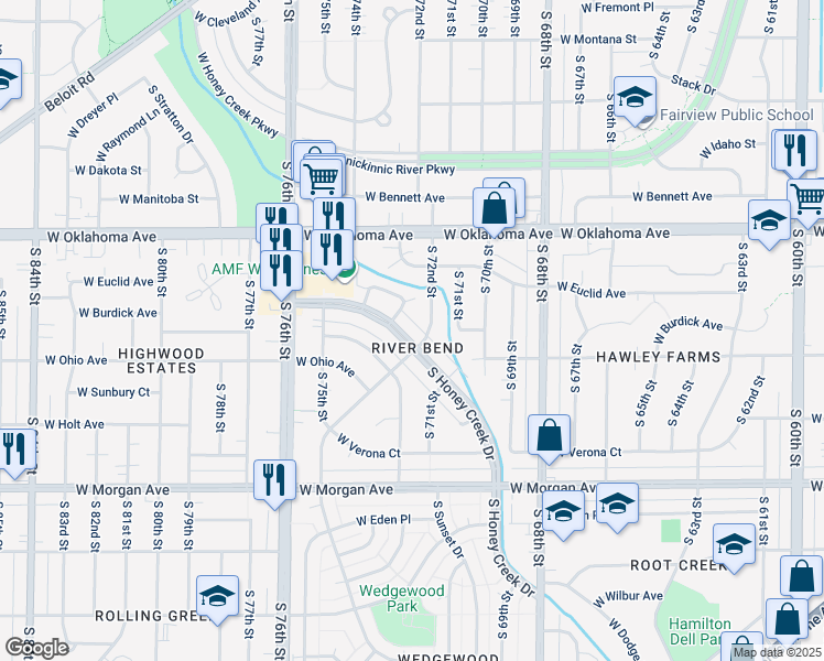 map of restaurants, bars, coffee shops, grocery stores, and more near 7229 West Honey Creek Drive in Milwaukee