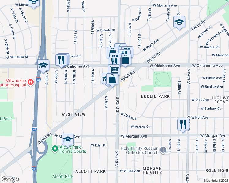 map of restaurants, bars, coffee shops, grocery stores, and more near 3231 South 92nd Street in Milwaukee