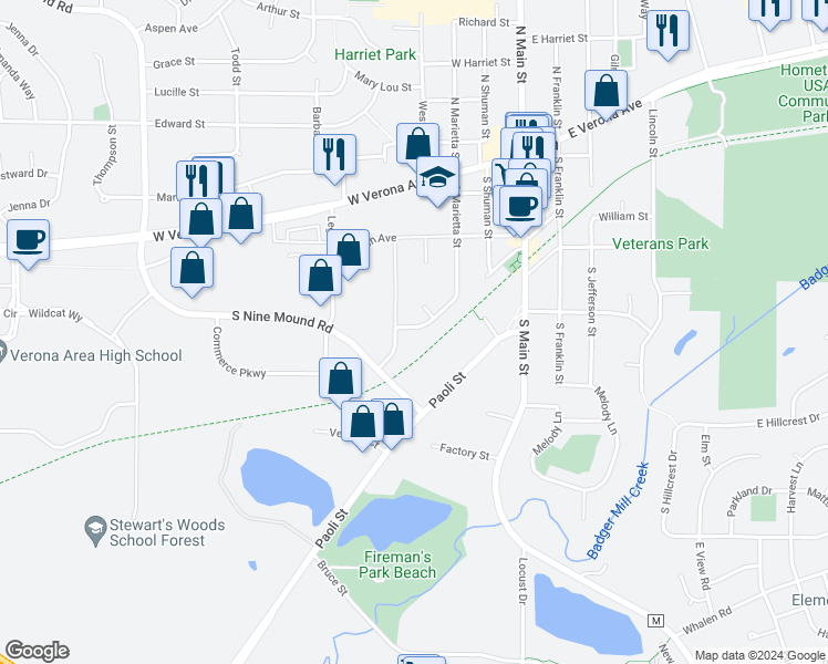 map of restaurants, bars, coffee shops, grocery stores, and more near 125 Berkley Road in Verona