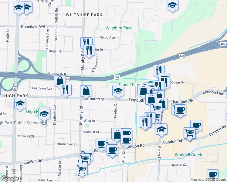 map of restaurants, bars, coffee shops, grocery stores, and more near 1215 Pontiac Court in Sarnia