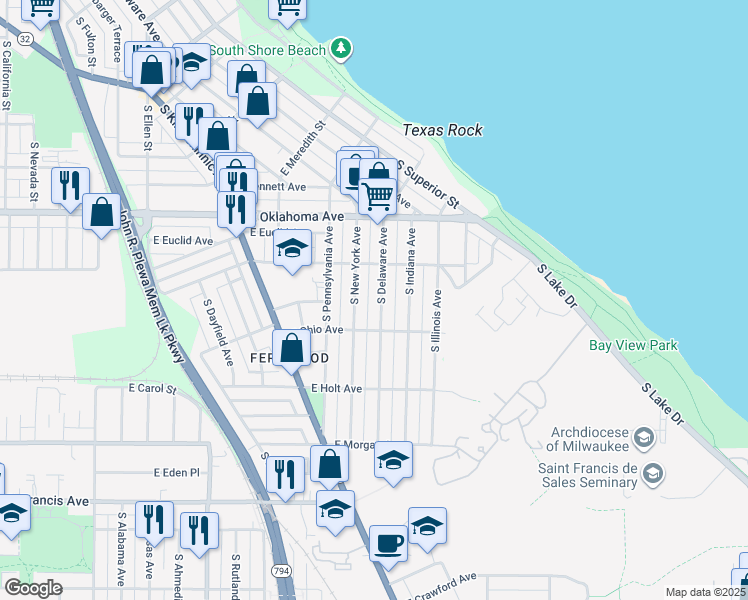 map of restaurants, bars, coffee shops, grocery stores, and more near 3247 South Delaware Avenue in Milwaukee
