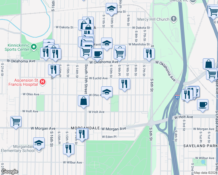 map of restaurants, bars, coffee shops, grocery stores, and more near 3245 South 10th Street in Milwaukee