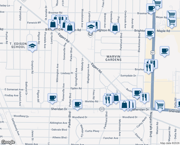 map of restaurants, bars, coffee shops, grocery stores, and more near 135 Maplegrove Ave in Tonawanda