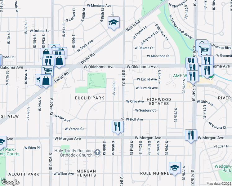 map of restaurants, bars, coffee shops, grocery stores, and more near 3242 South 85th Street in Milwaukee