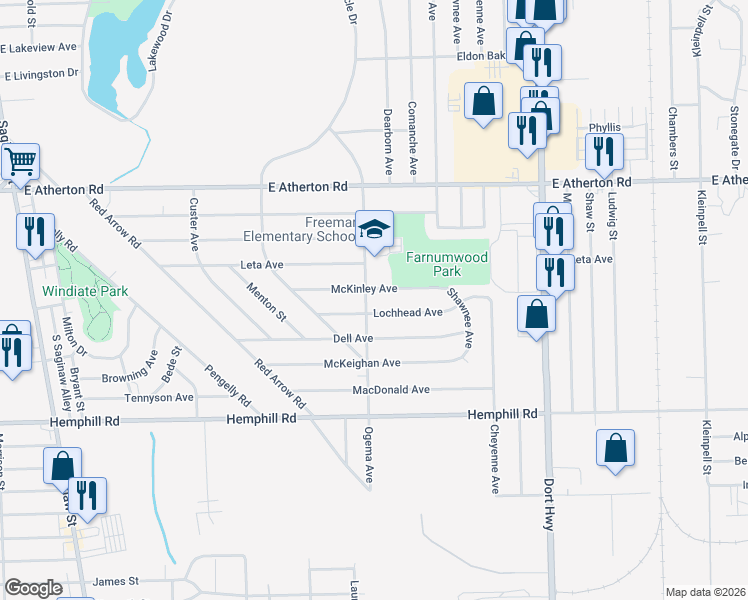 map of restaurants, bars, coffee shops, grocery stores, and more near 4207 Ogema Avenue in Flint