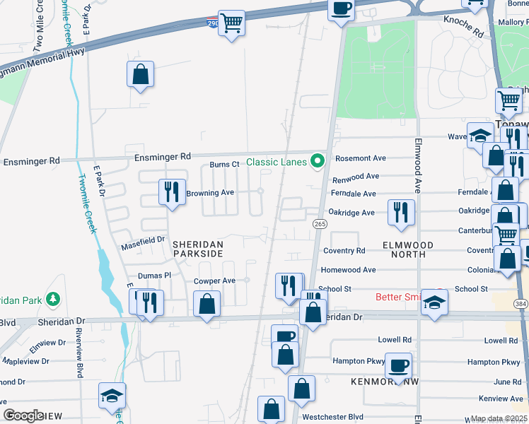 map of restaurants, bars, coffee shops, grocery stores, and more near 63 Balzac Court in Tonawanda