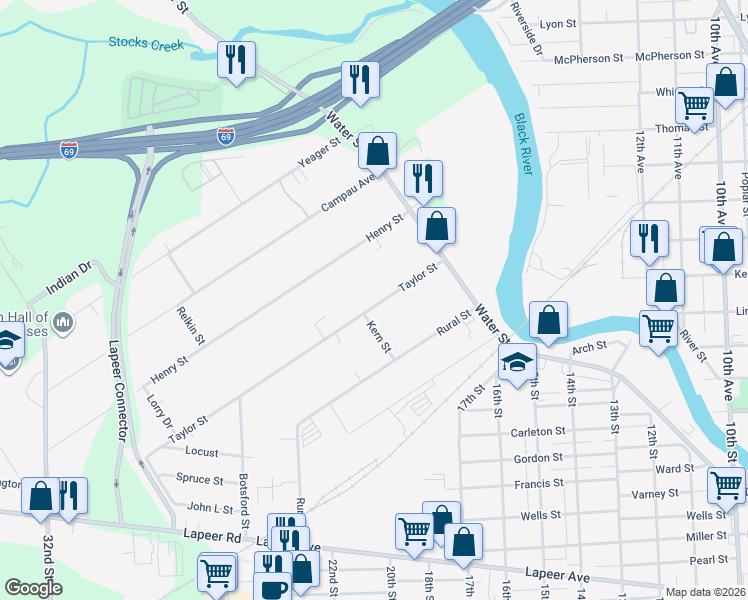 map of restaurants, bars, coffee shops, grocery stores, and more near 123 Taylor Street in Port Huron