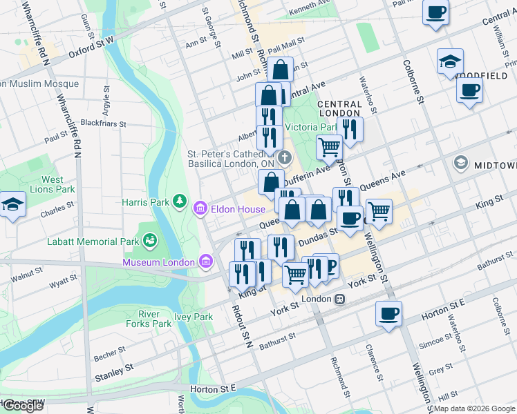 map of restaurants, bars, coffee shops, grocery stores, and more near 142 Fullarton Street in London