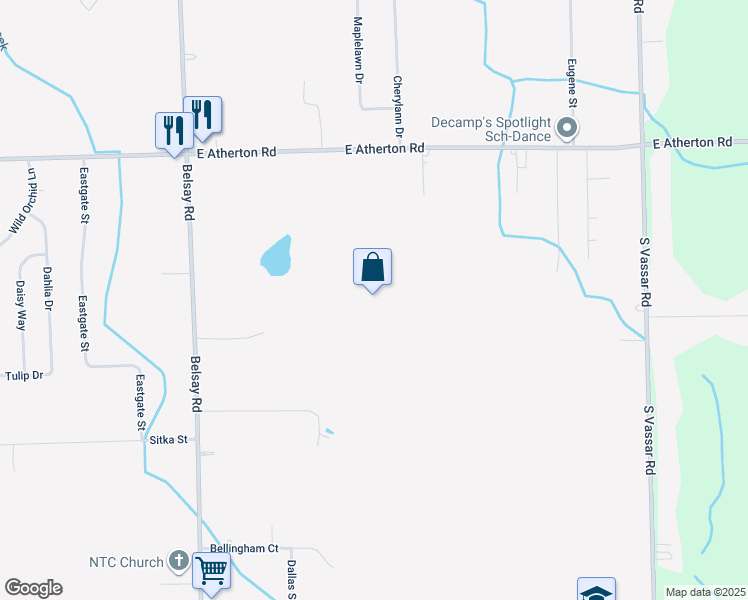 map of restaurants, bars, coffee shops, grocery stores, and more near 5253 East Atherton Road in Burton