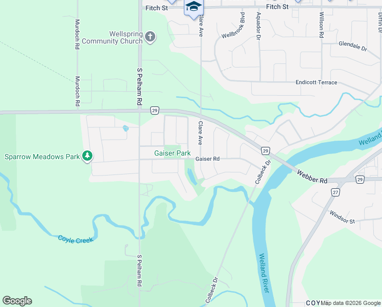 map of restaurants, bars, coffee shops, grocery stores, and more near 12 Silverwood Avenue in Welland
