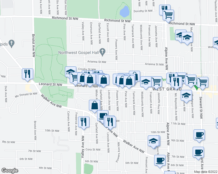 map of restaurants, bars, coffee shops, grocery stores, and more near Leonard St NW & Lincoln Ave NW in Grand Rapids