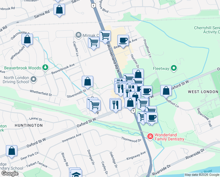map of restaurants, bars, coffee shops, grocery stores, and more near 690 Wonderland Road North in London