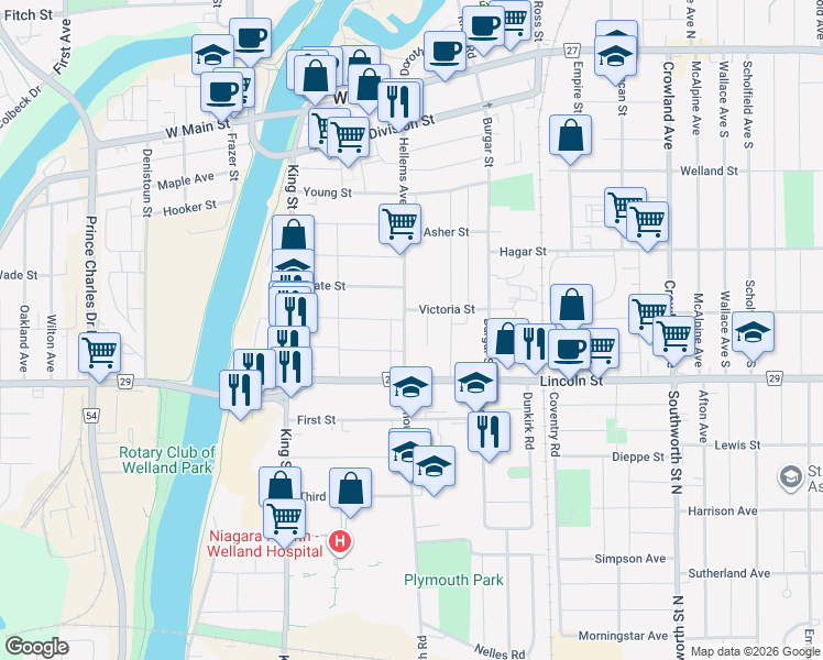 map of restaurants, bars, coffee shops, grocery stores, and more near 332 Hellems Avenue in Welland
