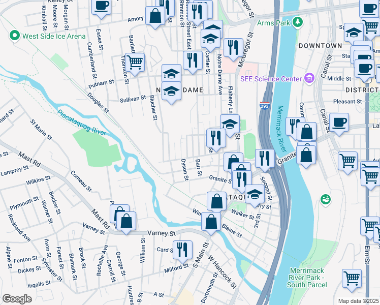 map of restaurants, bars, coffee shops, grocery stores, and more near 17 Rimmon Street in Manchester