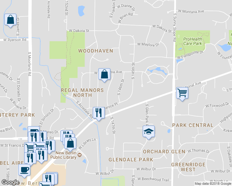 map of restaurants, bars, coffee shops, grocery stores, and more near 3257 South 146th Street in New Berlin