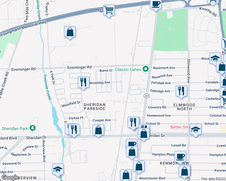 map of restaurants, bars, coffee shops, grocery stores, and more near 99 Blackmore Street in Tonawanda