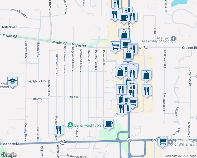 map of restaurants, bars, coffee shops, grocery stores, and more near 223 Patrice Terrace in Buffalo