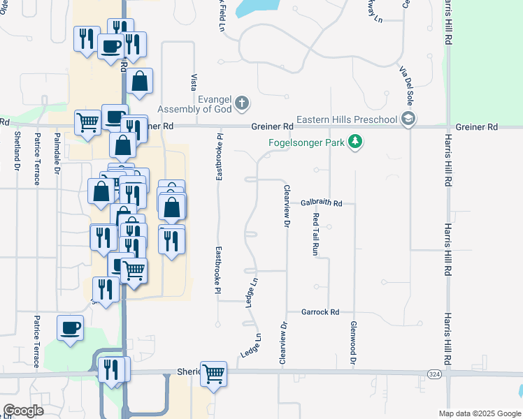 map of restaurants, bars, coffee shops, grocery stores, and more near 5115 Ledge Lane in Buffalo