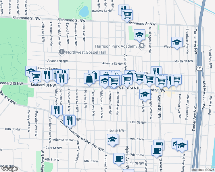 map of restaurants, bars, coffee shops, grocery stores, and more near 903 Leonard Street Northwest in Grand Rapids
