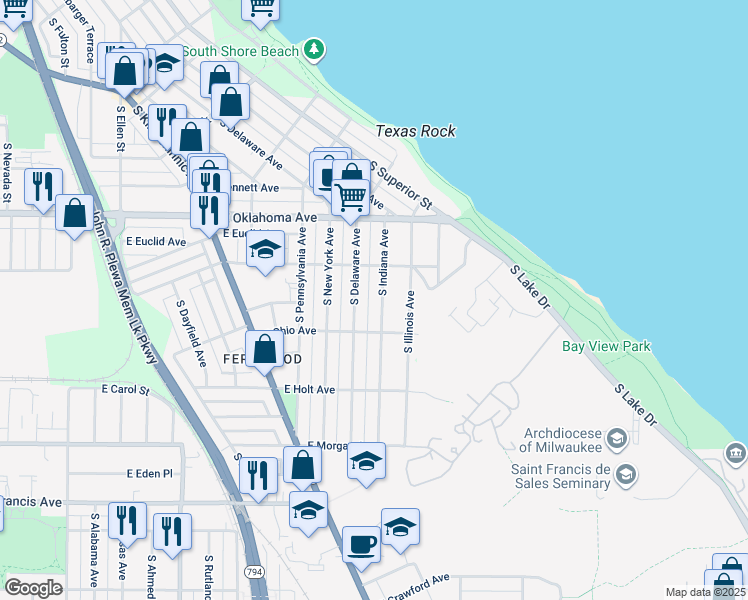 map of restaurants, bars, coffee shops, grocery stores, and more near 3247 South Indiana Avenue in Milwaukee