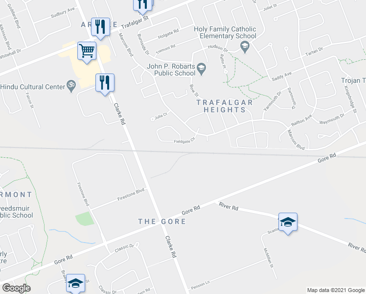 map of restaurants, bars, coffee shops, grocery stores, and more near 827 Fieldgate Circle in London