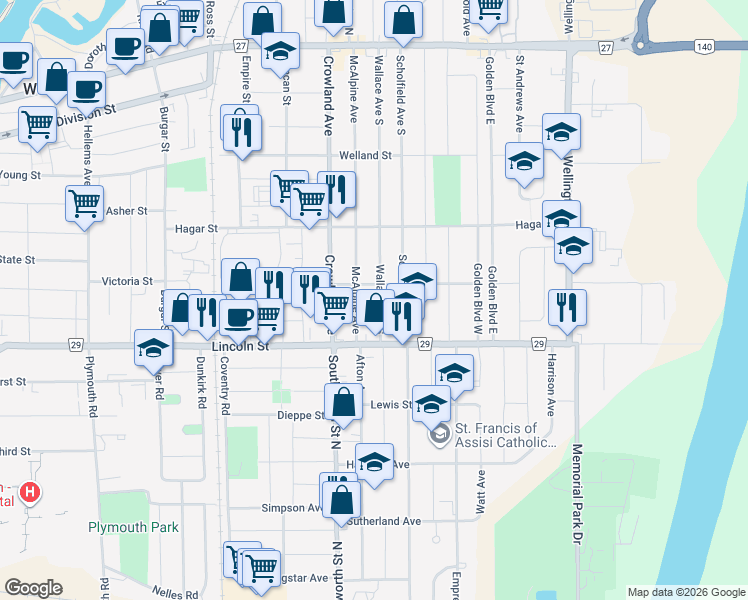map of restaurants, bars, coffee shops, grocery stores, and more near 319 Wallace Avenue South in Welland