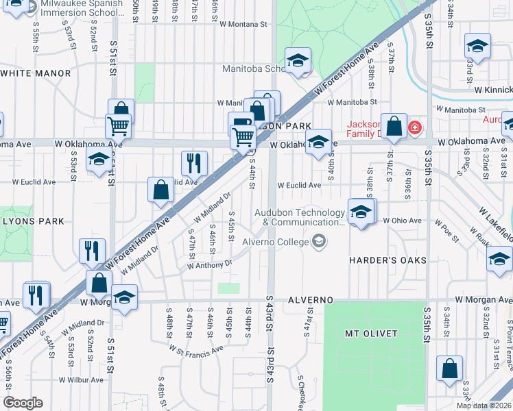 map of restaurants, bars, coffee shops, grocery stores, and more near 3246 South 44th Street in Greenfield