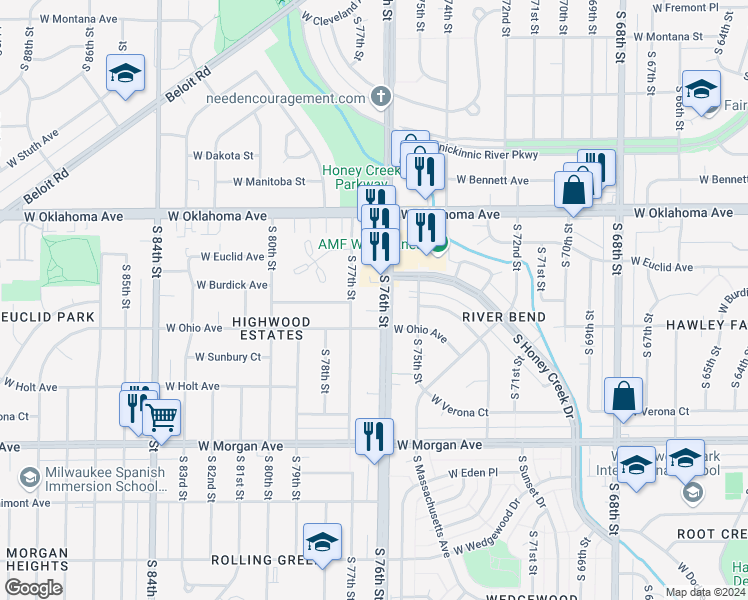 map of restaurants, bars, coffee shops, grocery stores, and more near 3221 South 76th Street in Milwaukee