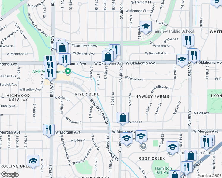 map of restaurants, bars, coffee shops, grocery stores, and more near 3261 South 69th Street in Milwaukee
