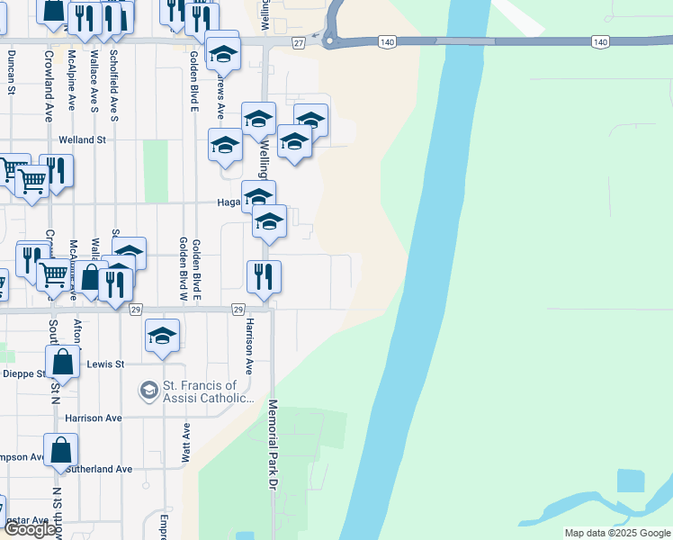 map of restaurants, bars, coffee shops, grocery stores, and more near 16 Vanier Drive in Welland