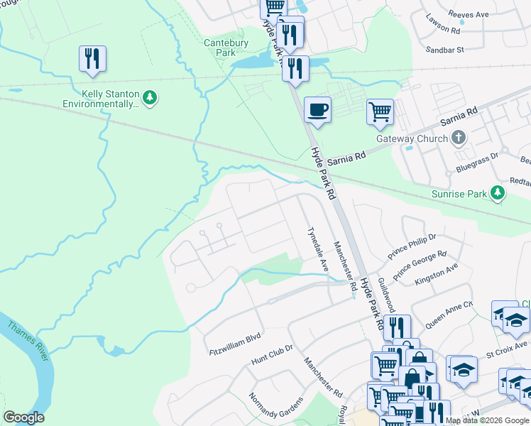 map of restaurants, bars, coffee shops, grocery stores, and more near 1150 Manchester Road in London