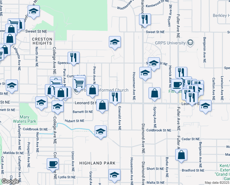 map of restaurants, bars, coffee shops, grocery stores, and more near 1231 Northfield Avenue Northeast in Grand Rapids