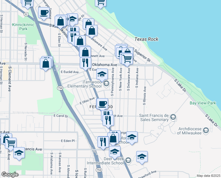 map of restaurants, bars, coffee shops, grocery stores, and more near 3239 South Pennsylvania Avenue in Milwaukee
