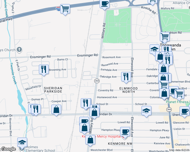 map of restaurants, bars, coffee shops, grocery stores, and more near 1770 Military Road in Buffalo