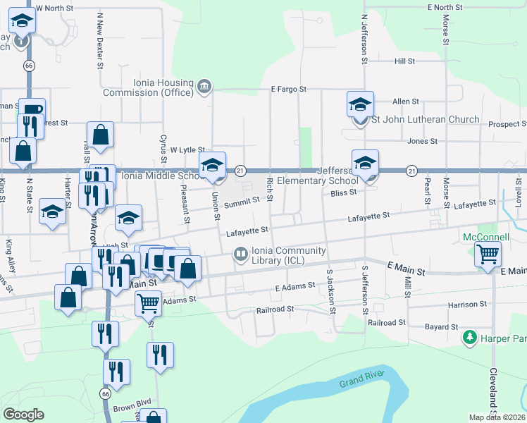 map of restaurants, bars, coffee shops, grocery stores, and more near 325 Rich Street in Ionia