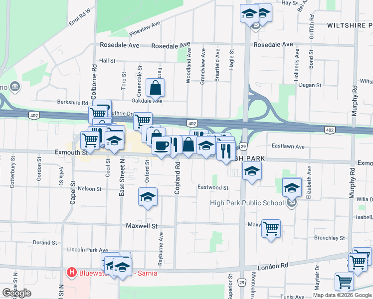 map of restaurants, bars, coffee shops, grocery stores, and more near 810 Exmouth Street in Sarnia