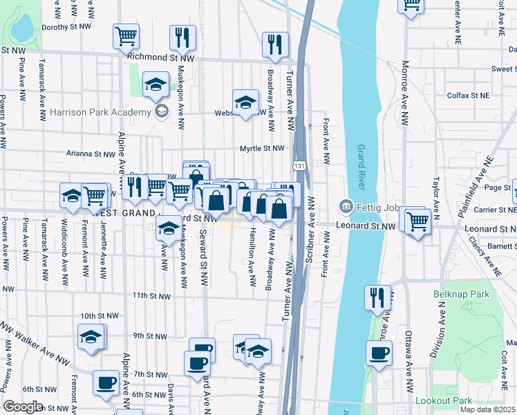 map of restaurants, bars, coffee shops, grocery stores, and more near 1216 Hamilton Avenue Northwest in Grand Rapids