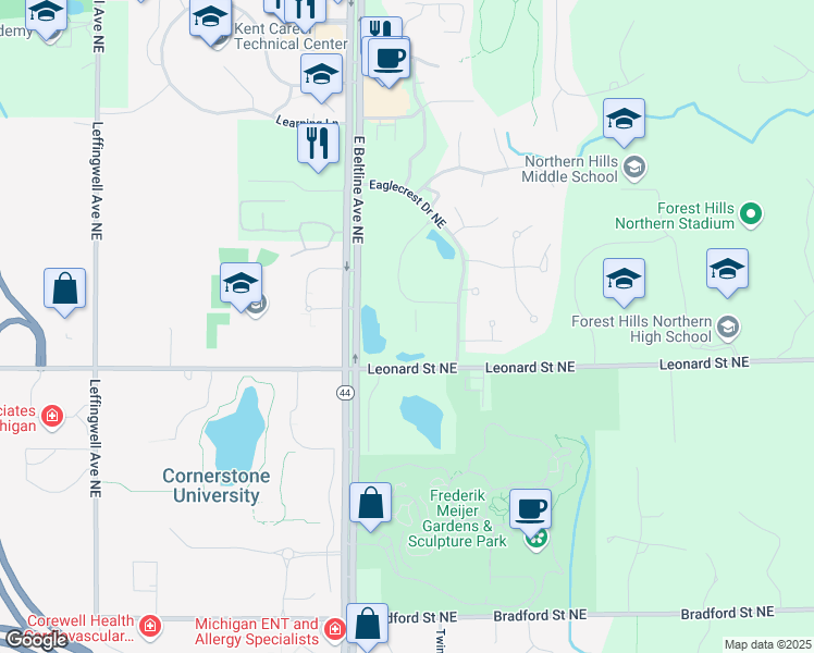 map of restaurants, bars, coffee shops, grocery stores, and more near 3312 Eagle Park Drive Northeast in Grand Rapids