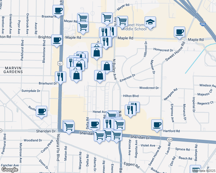 map of restaurants, bars, coffee shops, grocery stores, and more near 475 Carmen Road in Buffalo