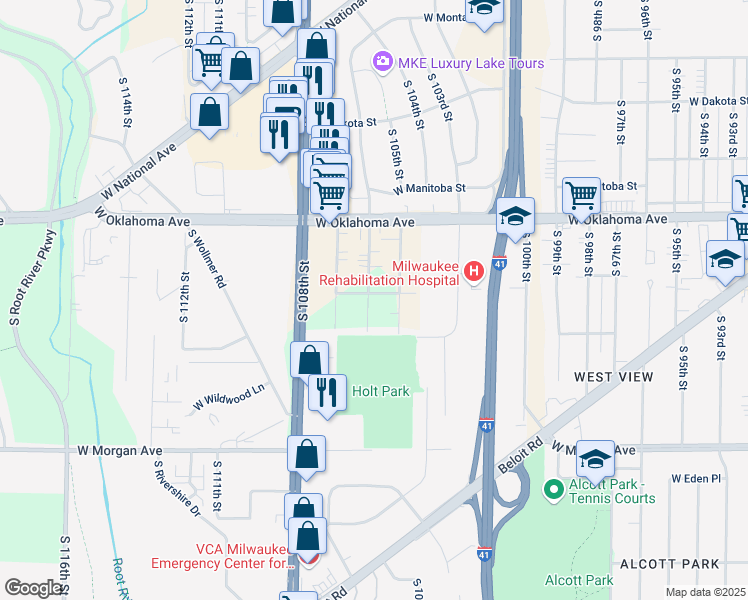 map of restaurants, bars, coffee shops, grocery stores, and more near 3206 South 106th Street in West Allis