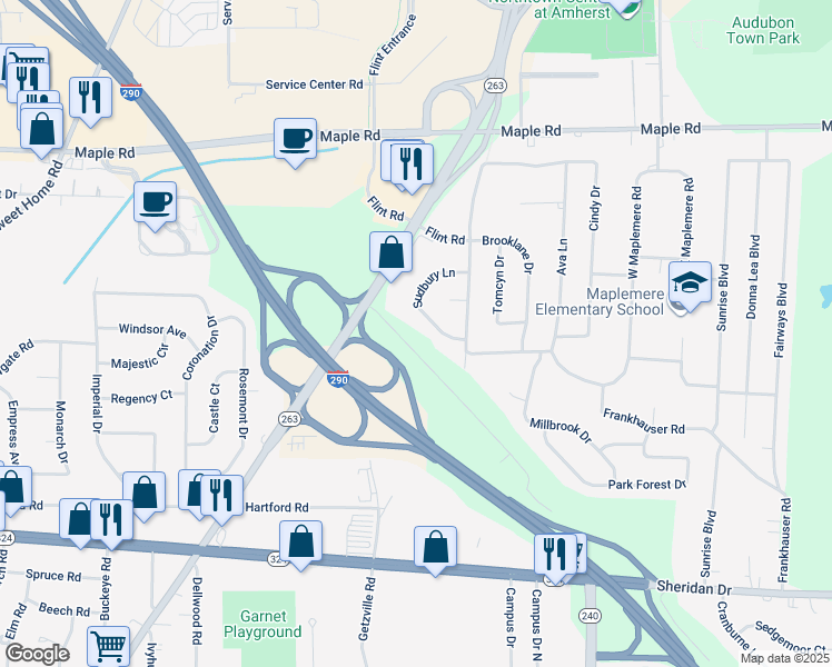 map of restaurants, bars, coffee shops, grocery stores, and more near 1319 Millersport Highway in Buffalo
