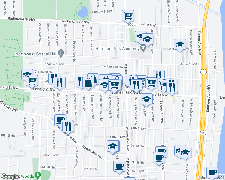 map of restaurants, bars, coffee shops, grocery stores, and more near 851 Leonard Street Northwest in Grand Rapids