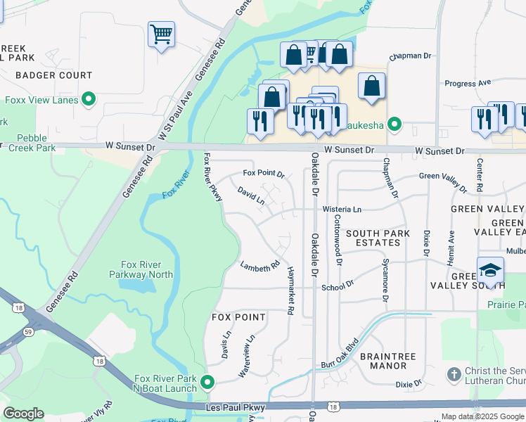 map of restaurants, bars, coffee shops, grocery stores, and more near 1230 Wisteria Lane in Waukesha
