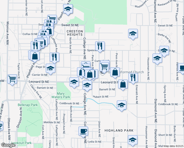 map of restaurants, bars, coffee shops, grocery stores, and more near 529 Carrier Street Northeast in Grand Rapids