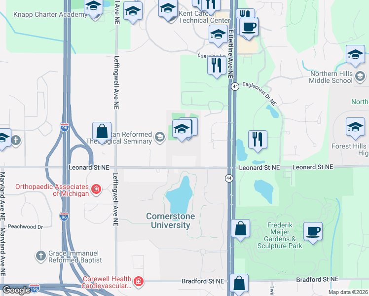 map of restaurants, bars, coffee shops, grocery stores, and more near 3101 Leonard Street Northeast in Grand Rapids