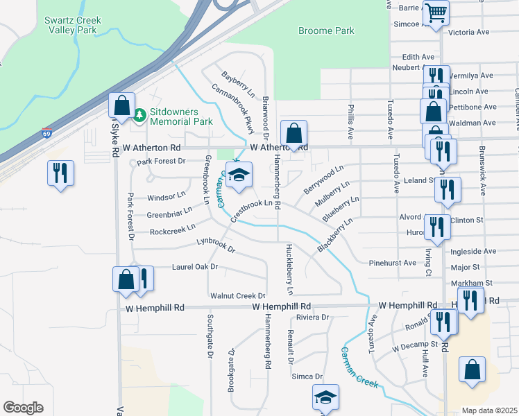 map of restaurants, bars, coffee shops, grocery stores, and more near 2021 Crestbrook Lane in Flint