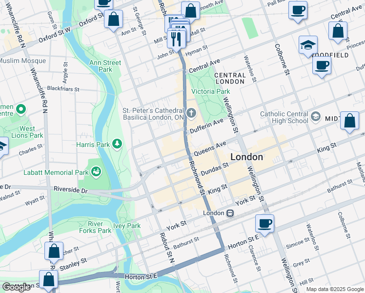 map of restaurants, bars, coffee shops, grocery stores, and more near 465 Richmond Street in London