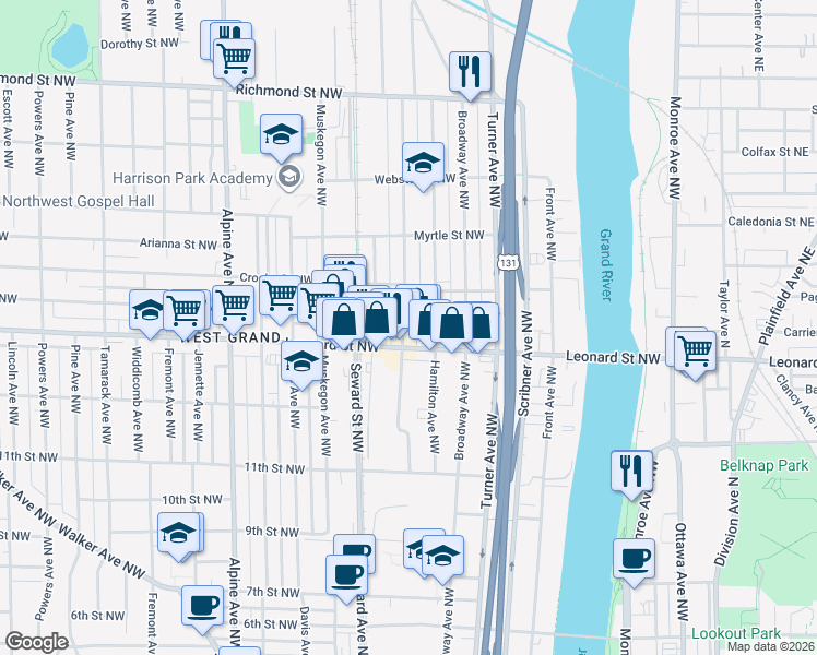 map of restaurants, bars, coffee shops, grocery stores, and more near 1215 Quarry Avenue Northwest in Grand Rapids