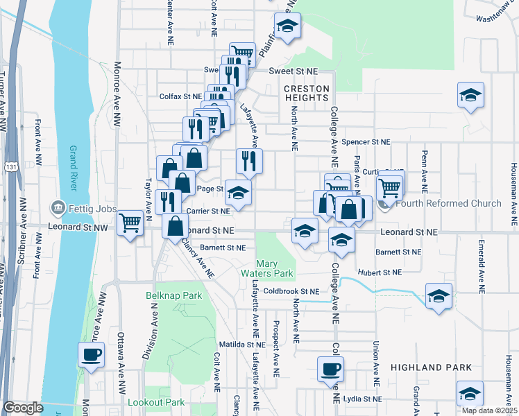 map of restaurants, bars, coffee shops, grocery stores, and more near 1232 Lafayette Avenue Northeast in Grand Rapids