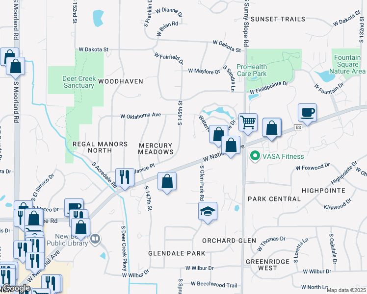 map of restaurants, bars, coffee shops, grocery stores, and more near 3246 South 145th Street in New Berlin